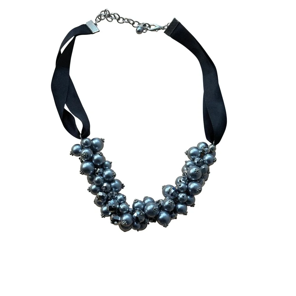 Gray Glass Crystal Bead Black Ribbon Necklace‎